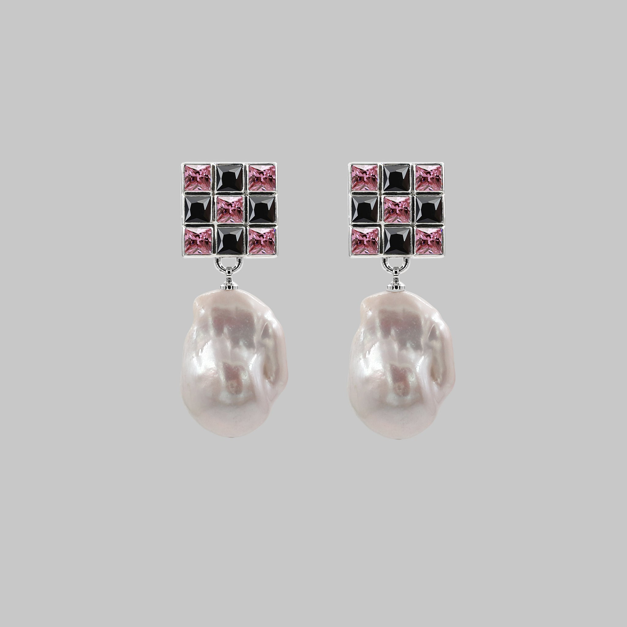 baroque pearl earring rose zircon stone square statement earring jet pink colorful 