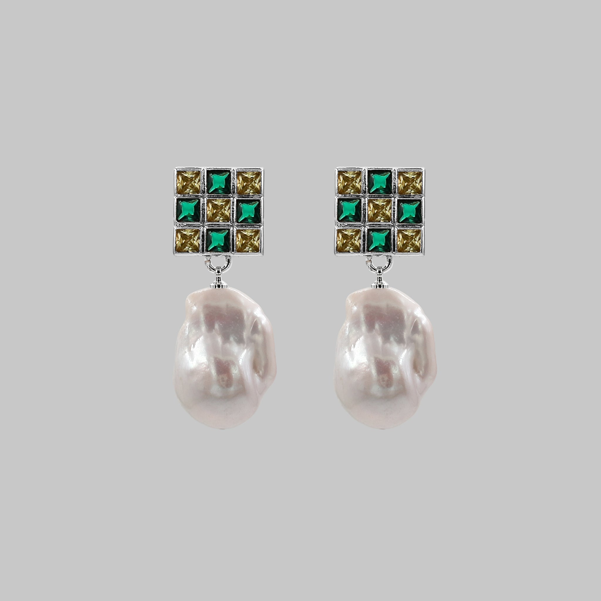 baroque pearl earring emerald zircon stone square statement earring