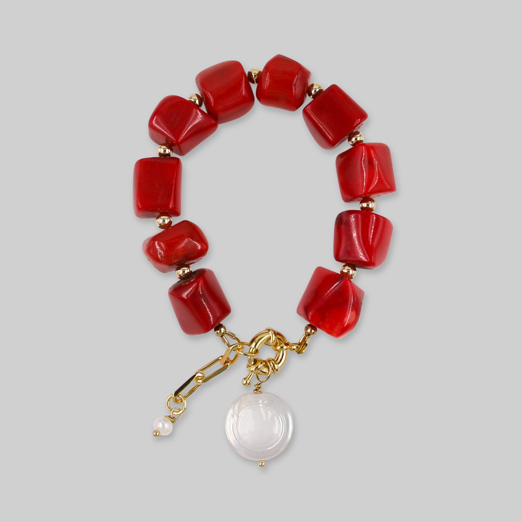 Coral Bead Coin Pearl Charm Bracelet