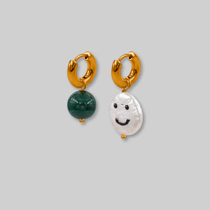 Smiley Face Pearl and Malachite Drop Hoop Earrings