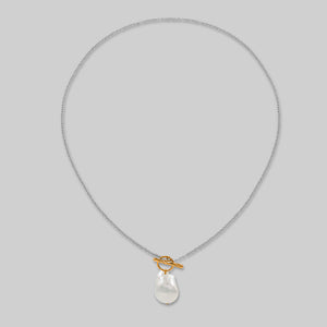 Dainty Pearl Drop Two Tone Plated Toggle Clasp Necklace